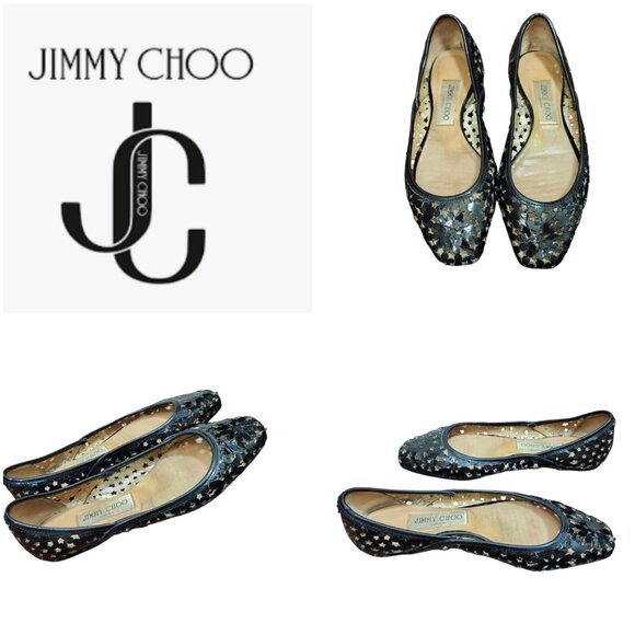 Jimmy Choo Laser Cut Pointed Toe Flats Black Patent Leather Shoes Size 36.5 - Picture 1 of 11